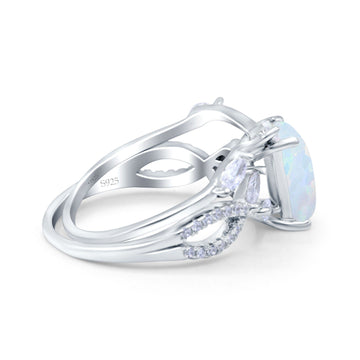 Two Piece Art Deco Emerald Cut Wedding Bridal Ring Lab Created White Opal 925 Sterling Silver